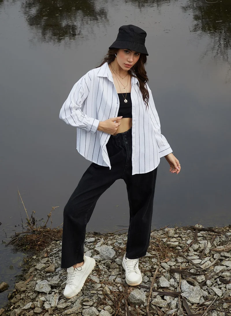Campus Sutra Campus Sutra Women's Daisy White Woven Stripe Oversized Shirt For Casual Wear | Spread Collar | Long Sleeve | Button Closure | Oversized Shirt Crafted With Comfort Fit For Everyday Wear