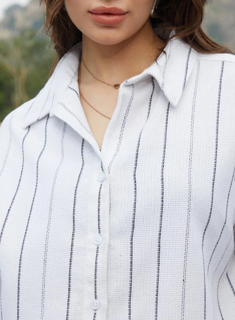 Campus Sutra Campus Sutra Women's Daisy White Woven Stripe Oversized Shirt For Casual Wear | Spread Collar | Long Sleeve | Button Closure | Oversized Shirt Crafted With Comfort Fit For Everyday Wear