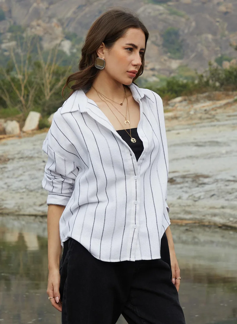 Campus Sutra Campus Sutra Women's Daisy White Woven Stripe Oversized Shirt For Casual Wear | Spread Collar | Long Sleeve | Button Closure | Oversized Shirt Crafted With Comfort Fit For Everyday Wear