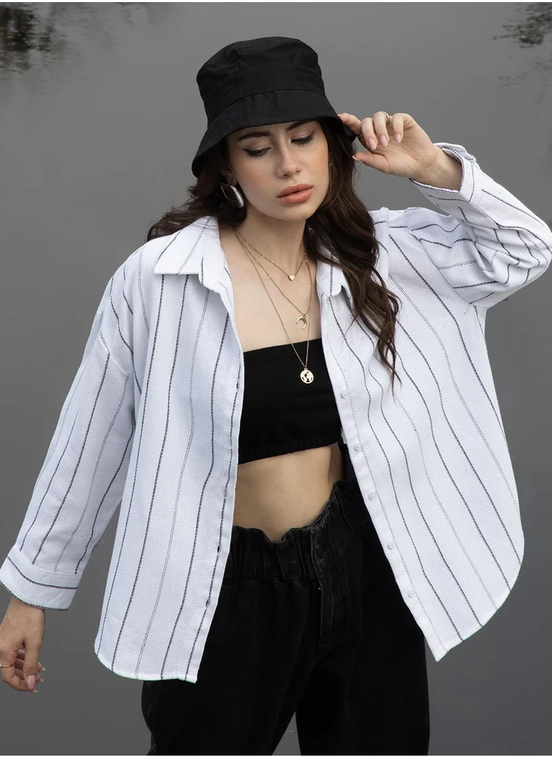 Campus Sutra Women's Daisy White Woven Stripe Oversized Shirt