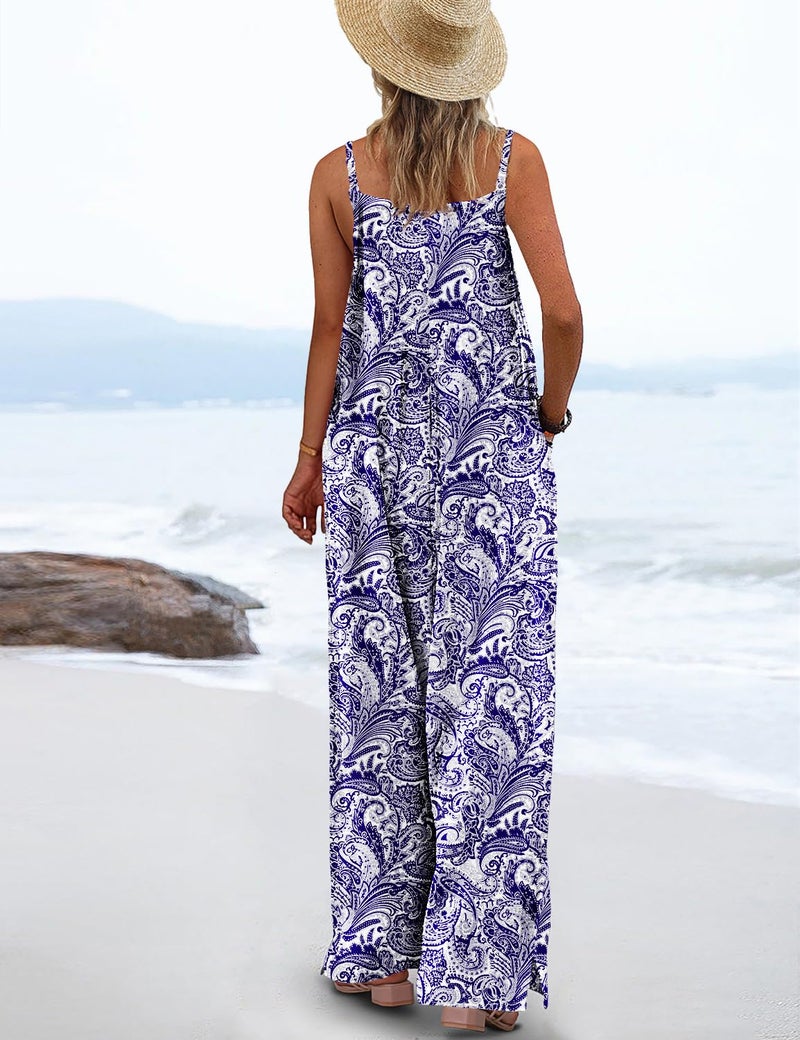 YESNO Women's Summer Boho Casual Jumpsuits Wide Leg Overalls Floral Print Baggy Rompers with Pockets M PZZCR 148 - Image 3
