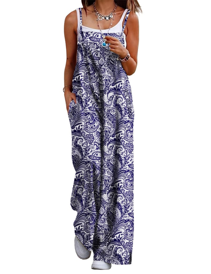 YESNO Women's Summer Boho Casual Jumpsuits Wide Leg Overalls Floral Print Baggy Rompers with Pockets M PZZCR 148 - Image 1