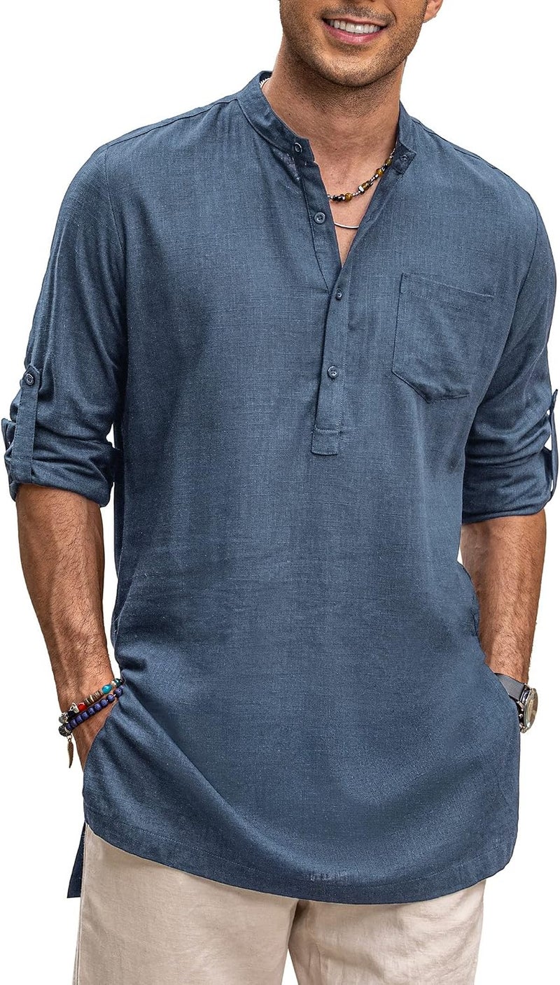 COOFANDY Men's Casual Linen Long Sleeve Henley Shirt - Dark Blue - Image 1