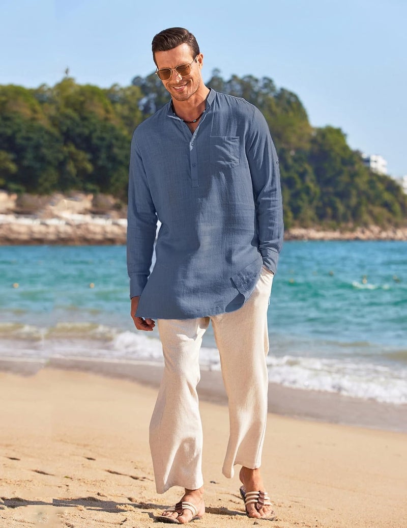 COOFANDY Men's Casual Linen Long Sleeve Henley Shirt - Dark Blue - Image 5