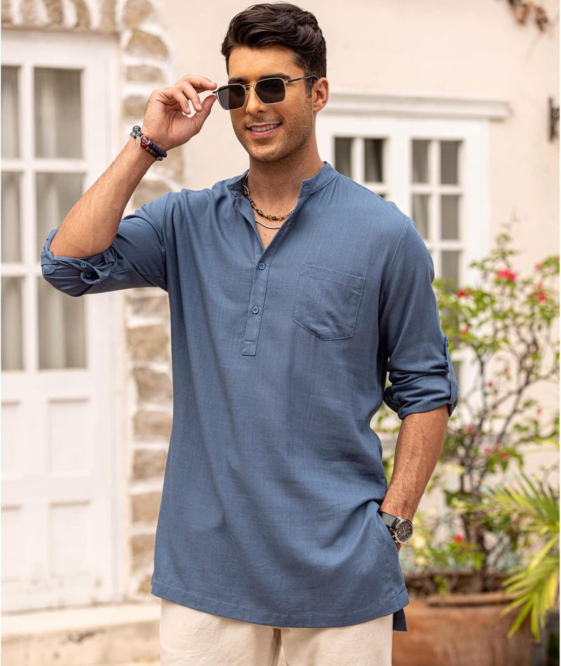 COOFANDY Men's Casual Linen Long Sleeve Henley Shirt - Dark Blue - Image 2