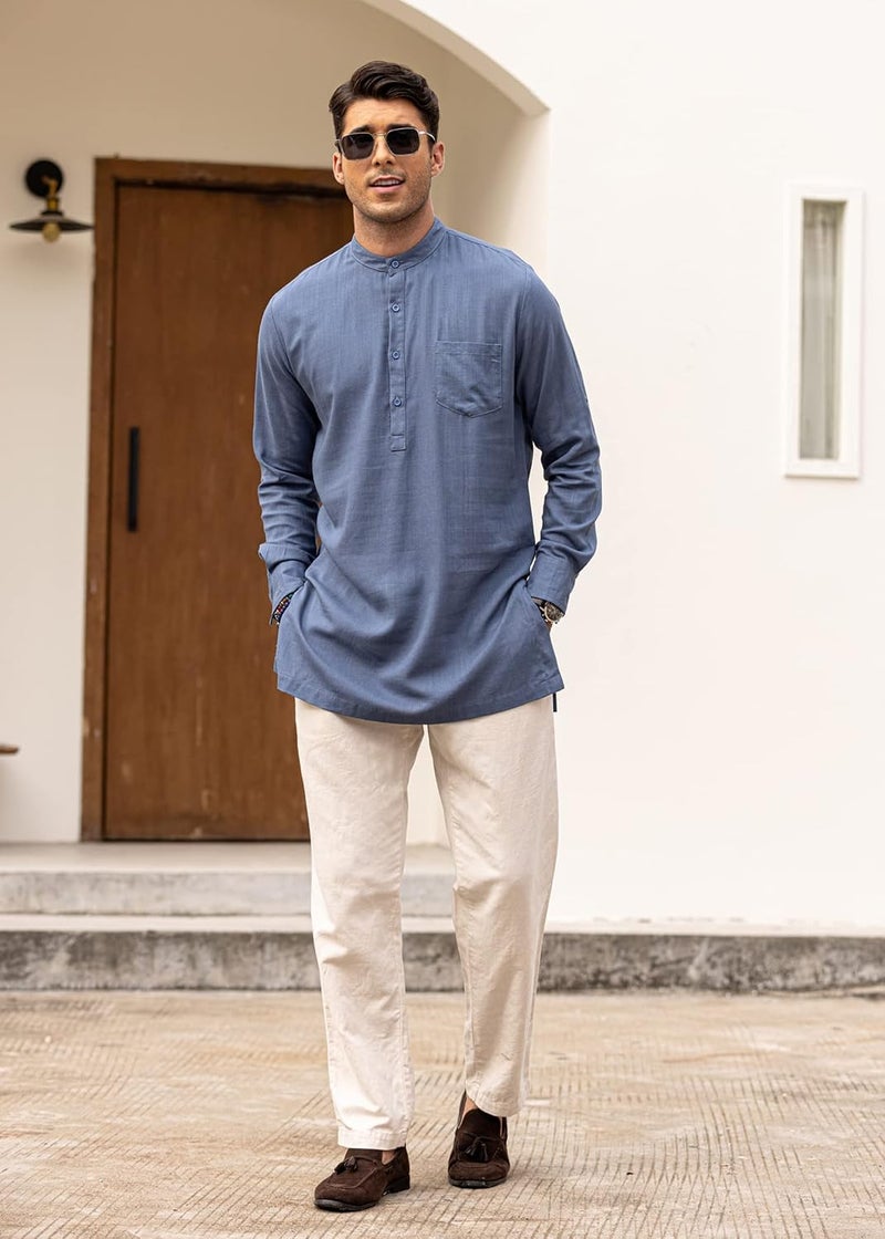 COOFANDY Men's Casual Linen Long Sleeve Henley Shirt - Dark Blue - Image 4