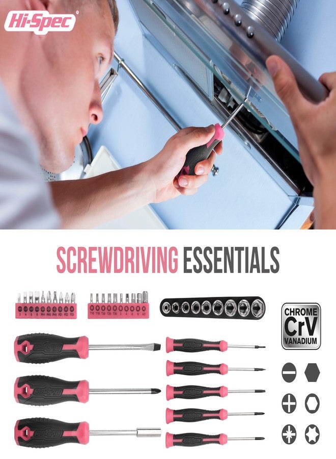 Hi-Spec 54 Piece Pink Home & Office Tool Kit Set. General DIY Repair & Maintenance Hand Tools with Hammer, Pliers, Screwdriver & Hex Key Sets. Complete in a Storage Box Carry Case - Image 3