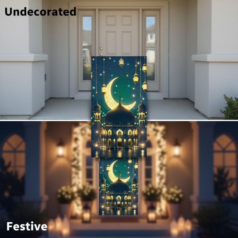Large Ramadan Door Banner 90x180 Cm Islamic Backdrop With Golden Castle Star Moon - Image 5