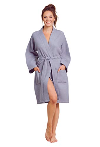Soft Touch Linen Kimono Waffle Robe – Women’s Bath SPA Robe – Lightweight Cotton &Polyester Blend (Small, Grey) - Image 1
