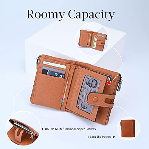 Bveyzi Small Soft Leather Wallet for Women RFID Blocking Ladies Card Holder with Double Zipper Pocket (Brown) - Image 3