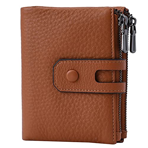 Bveyzi Small Soft Leather Wallet for Women RFID Blocking Ladies Card Holder with Double Zipper Pocket (Brown) - Image 1