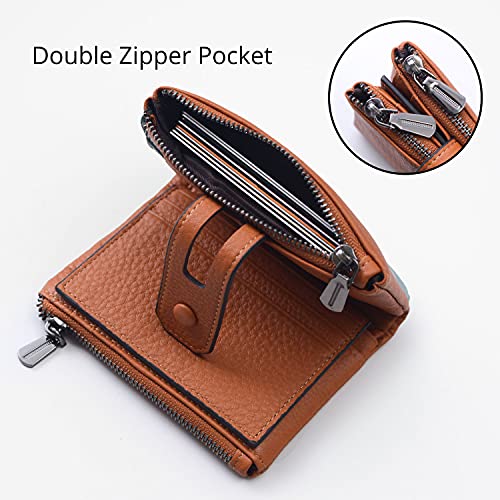 Bveyzi Small Soft Leather Wallet for Women RFID Blocking Ladies Card Holder with Double Zipper Pocket (Brown) - Image 4