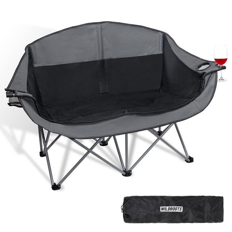 WILDROOTS Outdoor Folding Double Camping Chair Adults 2 PersonHeavy Duty 600 LBS Loveseat with 2 Cup HolderPortable Carry Bag Included for CampingLawnBackyardMovie