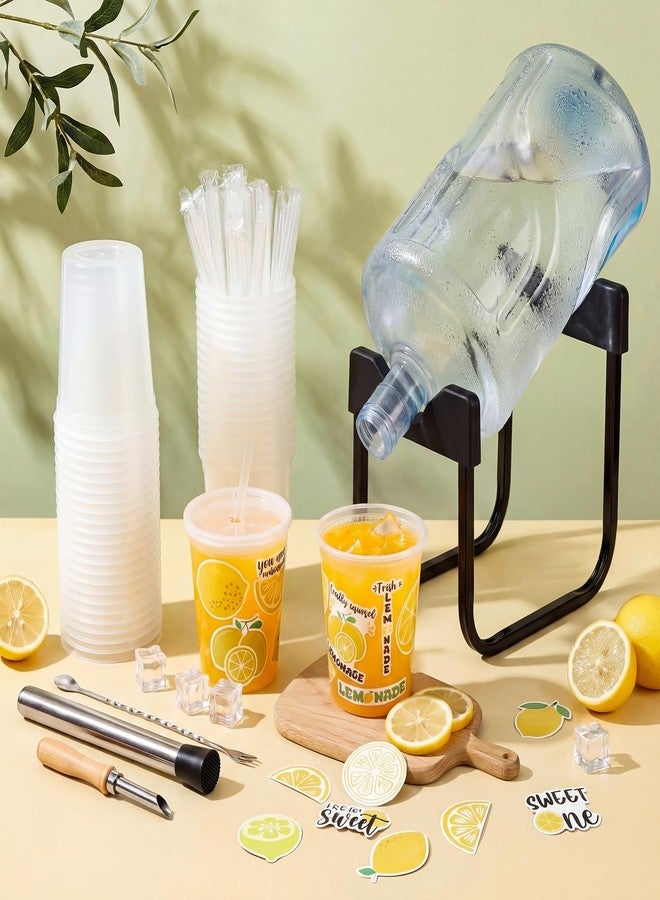 LemonRoad 50 Set Lemonade Stand Supplies Include 32 oz Plastic Cups with Lids and Straws Stainless Steel Water Jug Stand Dispenser Valves Straw Puncher Muddler Mixing Spoon for Summer Party Decoration - Image 4