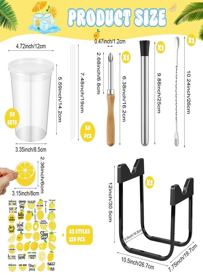 LemonRoad 50 Set Lemonade Stand Supplies Include 32 oz Plastic Cups with Lids and Straws Stainless Steel Water Jug Stand Dispenser Valves Straw Puncher Muddler Mixing Spoon for Summer Party Decoration - Image 2