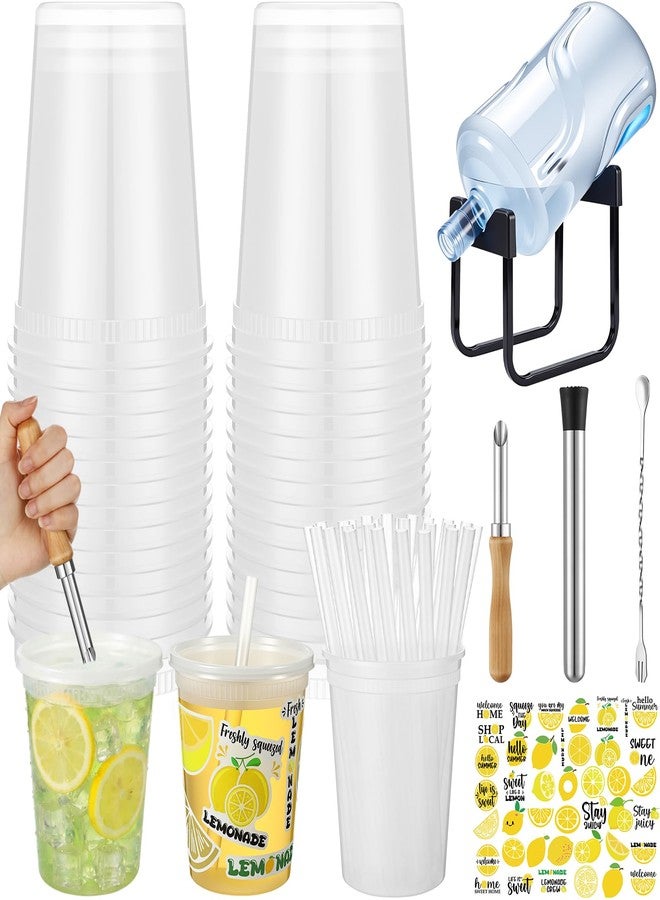 LemonRoad 50 Set Lemonade Stand Supplies Include 32 oz Plastic Cups with Lids and Straws Stainless Steel Water Jug Stand Dispenser Valves Straw Puncher Muddler Mixing Spoon for Summer Party Decoration - Image 1