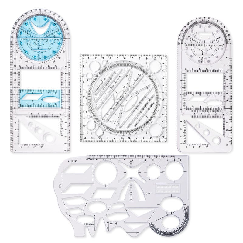 4 Pack Multifunctional Geometric Ruler Mathematics Measuring Tool Draft Rulers Set Rotatable Circular Drawing Template Ruler for Student Studying Designing Office Supplies 4 Styles