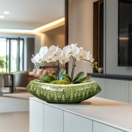 Teagas Bonsai Planter 18 Inch - Large Ceramic Succulent Pots with Drainage Hole, Bonsai Pots for Indoor Outdoor Plant, Ceramic Flower Pot, Decorative Plant Pot, Garden Decor, Housewarming Gift, Green - Image 4
