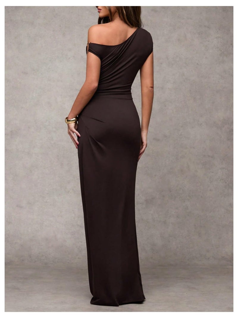Verdusa Women's Off The Shoulder Wedding Guest Dress Asymmetrical Ruched Sleeveless Maxi Dresses Brown Large - Image 2