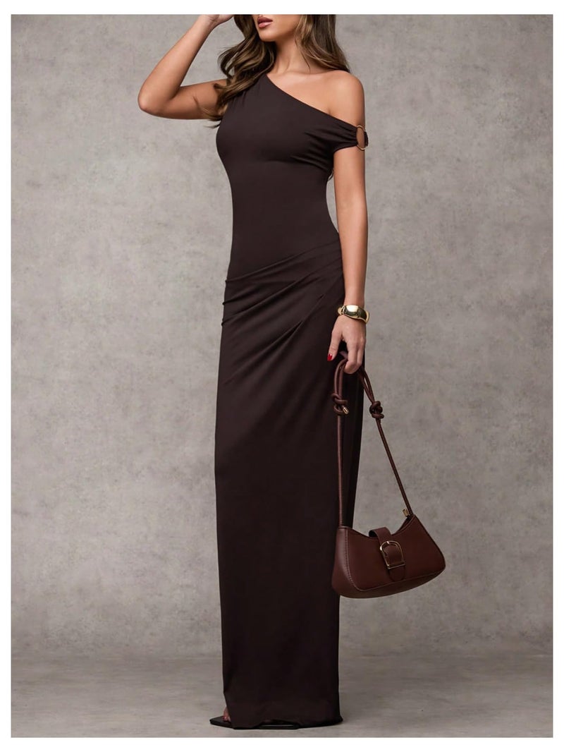 Verdusa Women's Off The Shoulder Wedding Guest Dress Asymmetrical Ruched Sleeveless Maxi Dresses Brown Large - Image 3