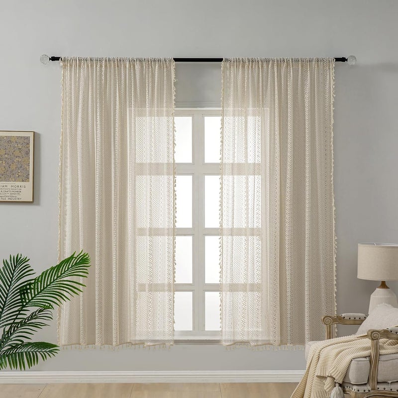 WAZZIO Farmhouse Crocheted Curtains Vintage Geometric Lace Drapes 63 inch Length 2 Panel Sets, Boho Beige Rod Pocket Drapes Tassel Macrame Curtains for Bedroom Living Room Bay Kids - Image 3