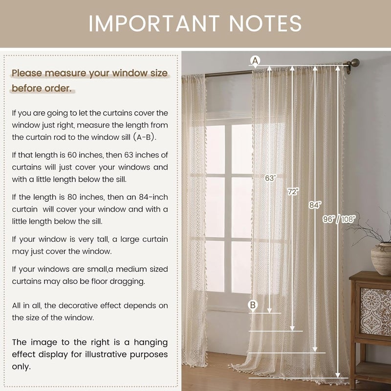 WAZZIO Farmhouse Crocheted Curtains Vintage Geometric Lace Drapes 63 inch Length 2 Panel Sets, Boho Beige Rod Pocket Drapes Tassel Macrame Curtains for Bedroom Living Room Bay Kids - Image 2