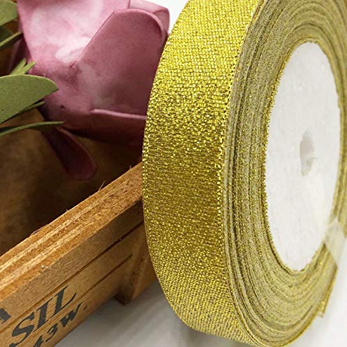 DAYEDZ 2 Rolls 50 yards Metallic Gold Glitter Ribbons, 5/8 Inch Sparkly Fabric Width Ribbon for Gift Wrapping, crafts, Holiday Wedding Birthday Party Decoration Floral DIY work, (25yards gold ribbon, 2 pack) - Image 4