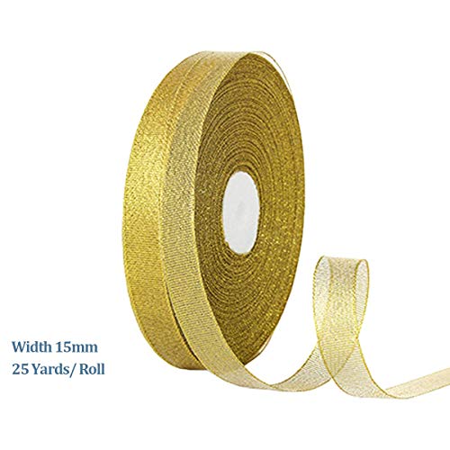 DAYEDZ 2 Rolls 50 yards Metallic Gold Glitter Ribbons, 5/8 Inch Sparkly Fabric Width Ribbon for Gift Wrapping, crafts, Holiday Wedding Birthday Party Decoration Floral DIY work, (25yards gold ribbon, 2 pack) - Image 3
