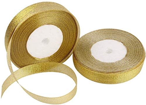 DAYEDZ 2 Rolls 50 yards Metallic Gold Glitter Ribbons, 5/8 Inch Sparkly Fabric Width Ribbon for Gift Wrapping, crafts, Holiday Wedding Birthday Party Decoration Floral DIY work, (25yards gold ribbon, 2 pack) - Image 2