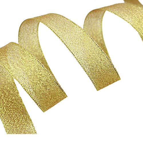 DAYEDZ 2 Rolls 50 yards Metallic Gold Glitter Ribbons, 5/8 Inch Sparkly Fabric Width Ribbon for Gift Wrapping, crafts, Holiday Wedding Birthday Party Decoration Floral DIY work, (25yards gold ribbon, 2 pack) - Image 5