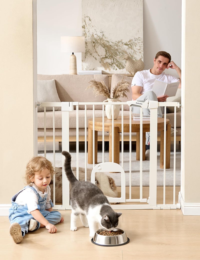 Babelio Baby Gate with Adjustable Cat Door,29-43" Auto Close Durable Pet door for Stairs,Doorways and House,Pressure Mounted,Easy Install,Effortless Walk Thru,White - Image 1