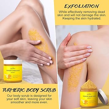 POP MODERN.C Turmeric and Vitamin C Body Scrub Exfoliating Scrub Remove Dead Skin Improve Dark Spots Acne Natural Deep Cleansing Exfoliator for Body Butt Bikini Area Body Care for Men Women with Loofah - Image 2
