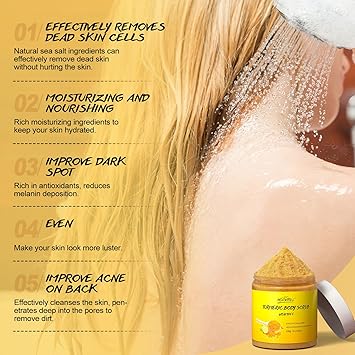 POP MODERN.C Turmeric and Vitamin C Body Scrub Exfoliating Scrub Remove Dead Skin Improve Dark Spots Acne Natural Deep Cleansing Exfoliator for Body Butt Bikini Area Body Care for Men Women with Loofah - Image 3