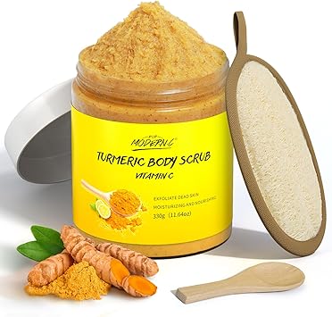 POP MODERN.C Turmeric and Vitamin C Body Scrub Exfoliating Scrub Remove Dead Skin Improve Dark Spots Acne Natural Deep Cleansing Exfoliator for Body Butt Bikini Area Body Care for Men Women with Loofah - Image 1