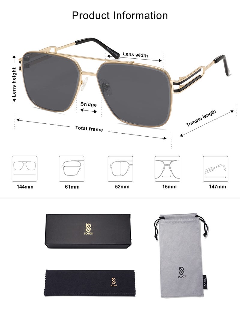 SOJOS Retro Oversized Square Sunglasses for Women Men, Vintage Large Double Bridge Metal Frame Unisex Sunglasses SJ1180, Gold Frame/Grey Lens - Image 5