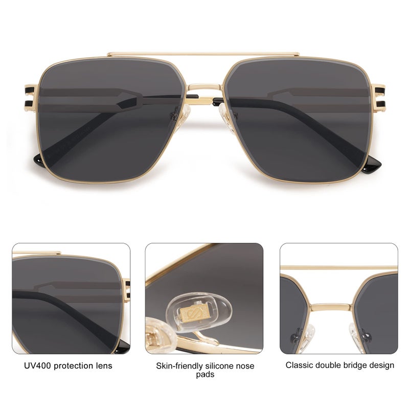 SOJOS Retro Oversized Square Sunglasses for Women Men, Vintage Large Double Bridge Metal Frame Unisex Sunglasses SJ1180, Gold Frame/Grey Lens - Image 4