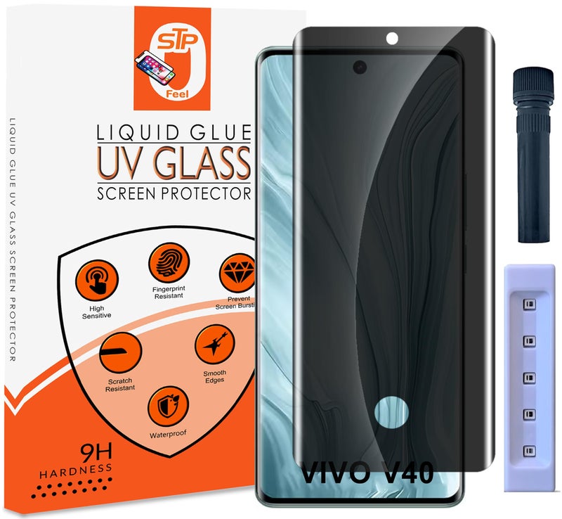STP FEEL® UV Advanced Privacy Tempered Glass Screen Protector Guard Compatible for Vivo V40 5G / Vivo V40 Pro 5G (6.78 Inch, Pack of 1) Full Edge to Edge Coverage Anti-Spy/Anti-Peeping 9H Hardness - Image 1