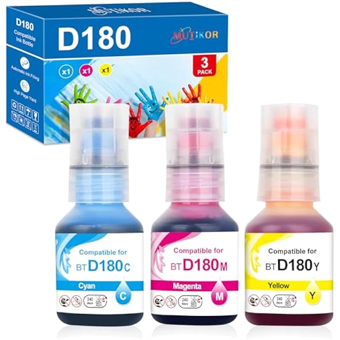 COMPATIBLE D180 INK REFILL BOTTLES REPLACEMENT FOR BROTHER D180 BTD180CLVAL INK BOTTLE VALUE PACK COMPATIBLE FOR BROTHER DCP-T580DW DCP-T583DW DCP-T780DW PRINTERS (3-PACK CYAN MAGENTA YELLOW) - Image 1