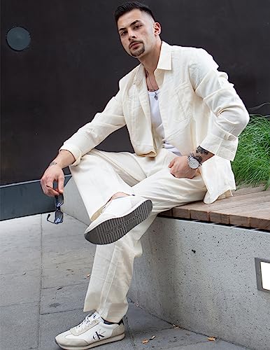 COOFANDY Mens Coordinated Outfit 2 Piece Linen Sets Casual Long Sleeve Button Down Cuban Shirt and Loose Pants Set Beach Vacation, Beige, X-Large - Image 2