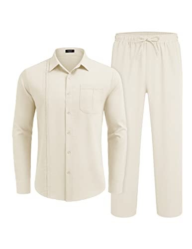 COOFANDY Mens Coordinated Outfit 2 Piece Linen Sets Casual Long Sleeve Button Down Cuban Shirt and Loose Pants Set Beach Vacation, Beige, X-Large - Image 4