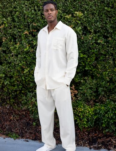 COOFANDY Mens Coordinated Outfit 2 Piece Linen Sets Casual Long Sleeve Button Down Cuban Shirt and Loose Pants Set Beach Vacation, Beige, X-Large - Image 3