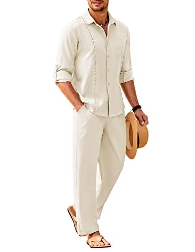 COOFANDY Mens Coordinated Outfit 2 Piece Linen Sets Casual Long Sleeve Button Down Cuban Shirt and Loose Pants Set Beach Vacation, Beige, X-Large - Image 1