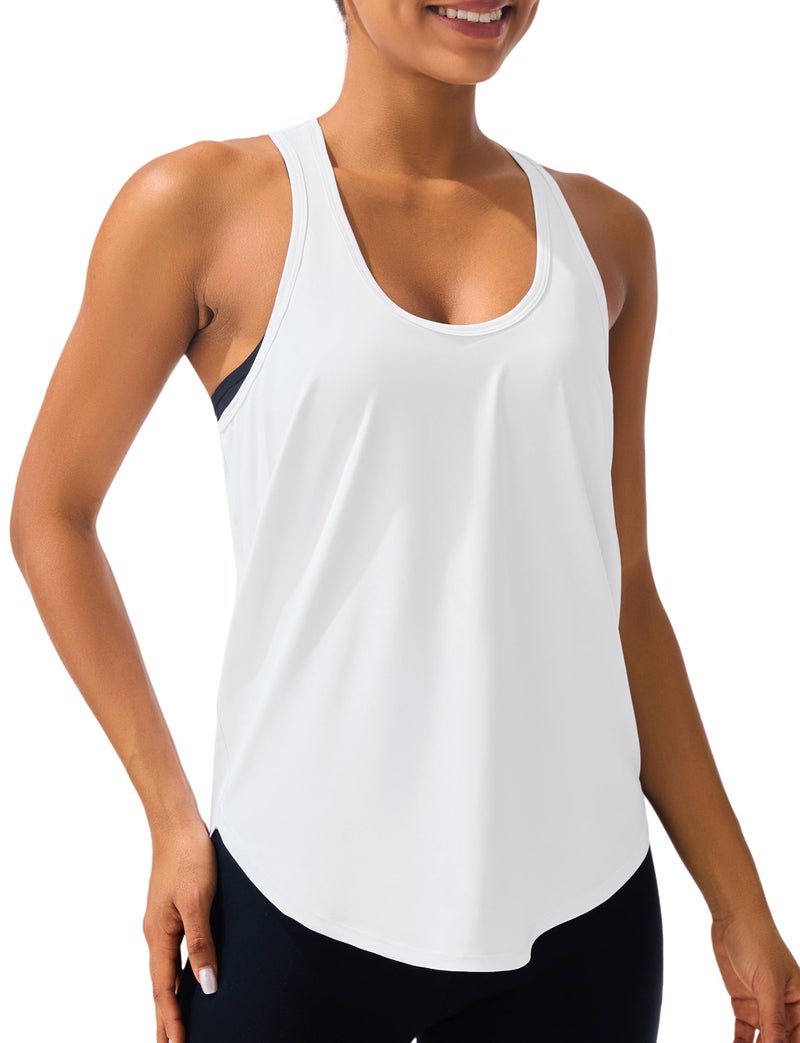 JOYSPELS Workout Tank Tops for Women, Ice Silk Quick Dry Athletic Running Shirts, Loose Fit Racerback Gym Tops White - Image 2