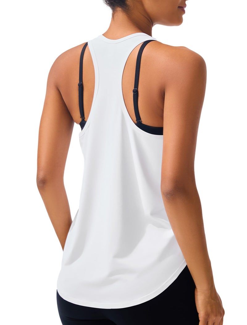 JOYSPELS Workout Tank Tops for Women, Ice Silk Quick Dry Athletic Running Shirts, Loose Fit Racerback Gym Tops White - Image 1