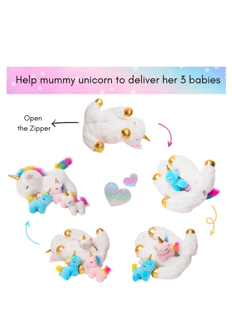 Raxoom Unicorn Plush Toys for Girls Ages; Stuffed Unicorn Doll with 3 Baby Unicorns in her Tummy; Toys for Girls - Image 1