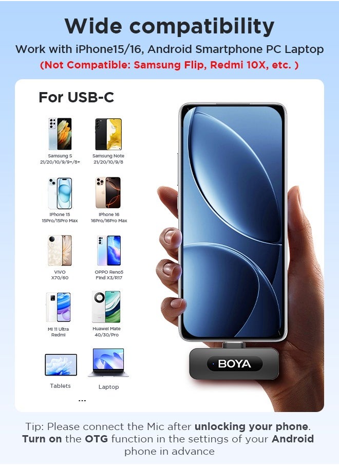 BOYA - BOYA BY-V20 Wireless Lavalier Microphone for USB-C Interface Device,Noise Noise-cancelling Mini Condenser for Video Audio Recording - Image 1