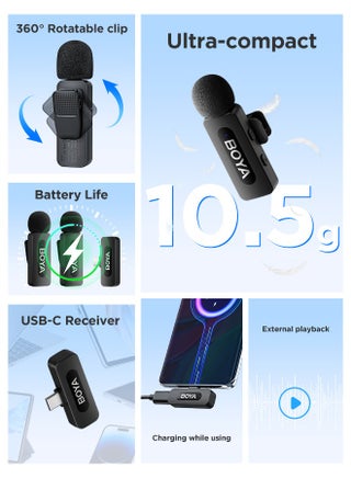 ميكروفون لاسلكي من لافالير لأجهزة واجهة BOYA BY-V20 USB-C ، ميكروفون مكثف صغير لإلغاء الضوضاء لتسجيل الفيديو - view 2