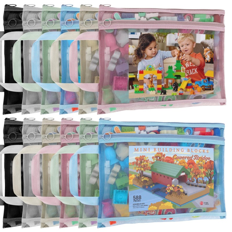 YOPCDJ 12 Pack Mesh Zipper Pouch Bags, Double-Layer Nylon Puzzle Storage Bags, Breathable See Through Zipper Pouch with Handle for Classroom Organization and Storage, Board Game Storage, A4 - Image 1