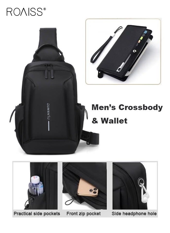 roaiss 2 Piece Bag Set of Sling Bag and Long Wallet for Men Casual One Shoulder Bag Backpack PU Multi-slot Zipper Wallet New Fashion Men's Multifunctional Waterproof Crossbody Bag - Image 1
