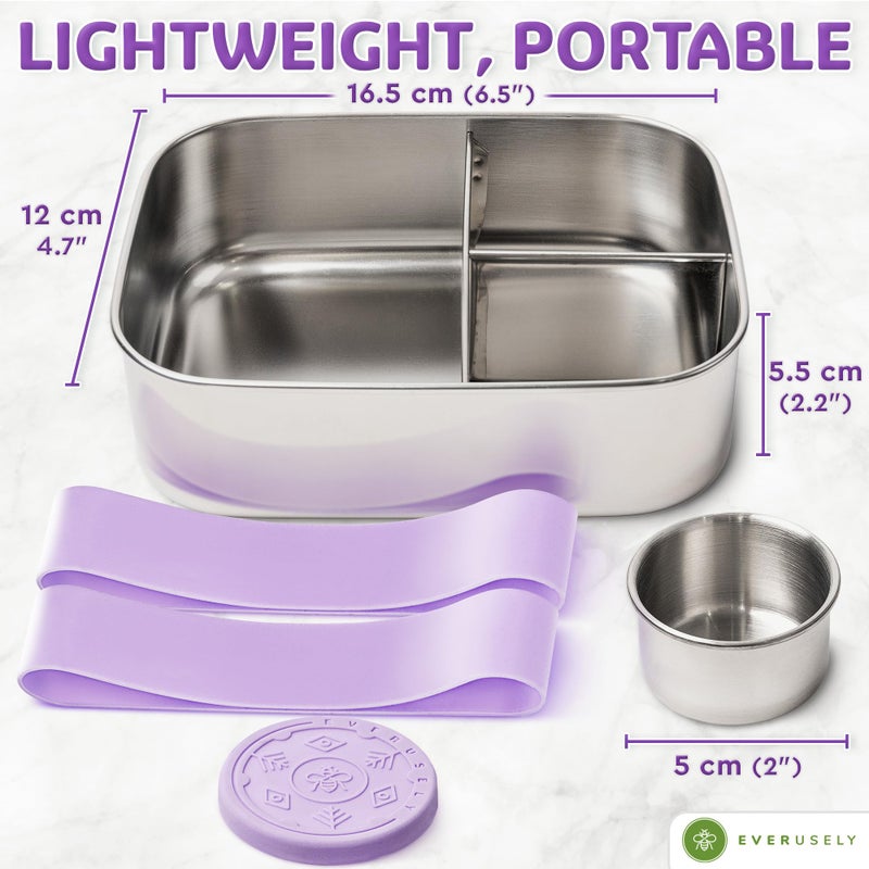 Everusely - Bento Box - Lavender, 27oz / 0.8 L - Stainless Steel Lunch Box with Leakproof Condiment Container - 3 Compartment Snack Organizer for On the Go Meals - Freezer & Dishwasher Safe - Image 2